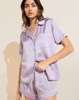 Model wears Inez Washable Silk Short PJ Set in Orchid Petal/Ivory.