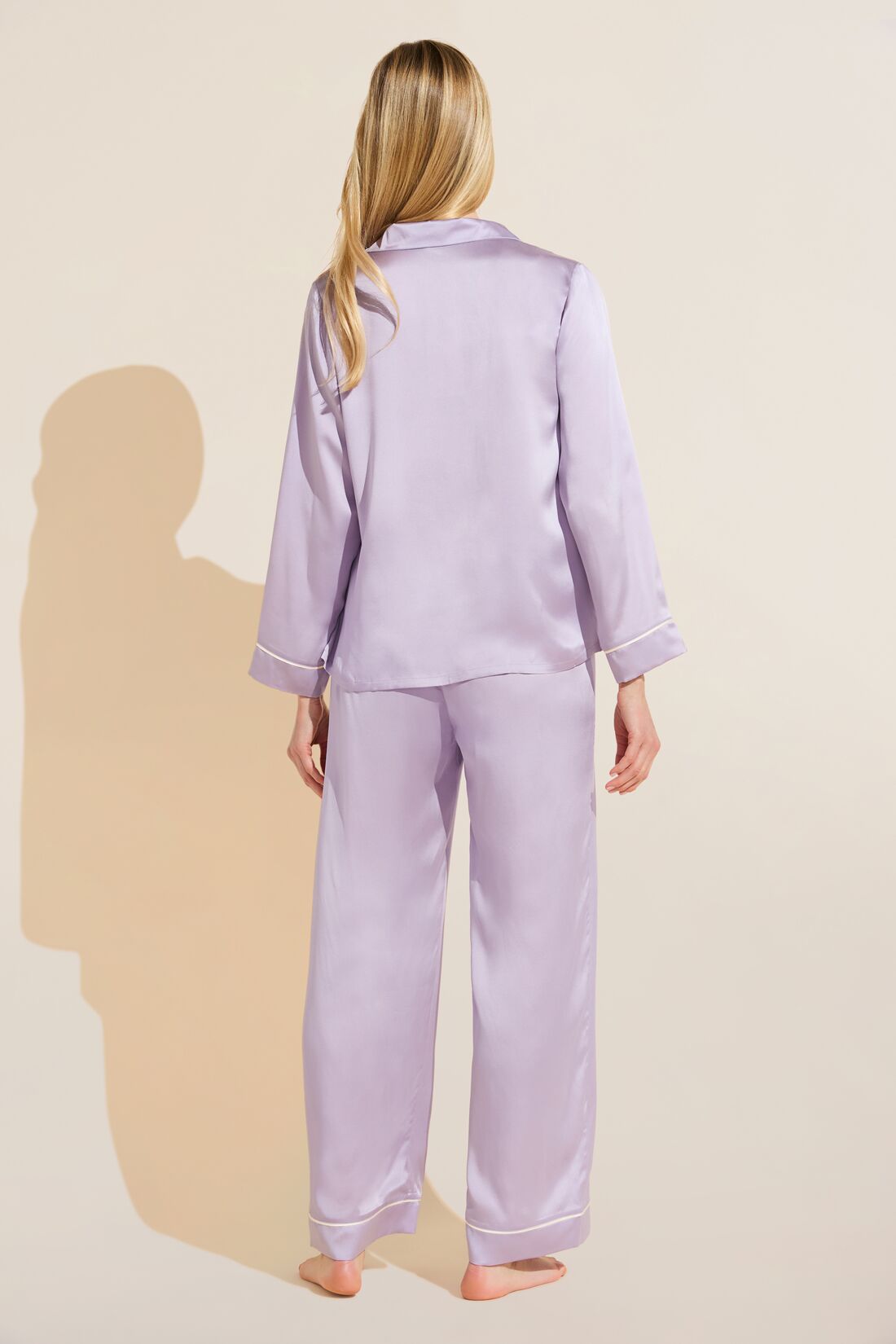 Model wears Inez Washable Silk Long PJ Set in Orchid Petal/Ivory.