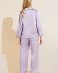 Model wears Inez Washable Silk Long PJ Set in Orchid Petal/Ivory.