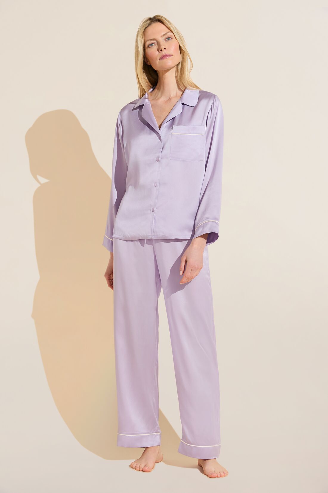 Model wears Inez Washable Silk Long PJ Set in Orchid Petal/Ivory.
