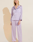 Model wears Inez Washable Silk Long PJ Set in Orchid Petal/Ivory.