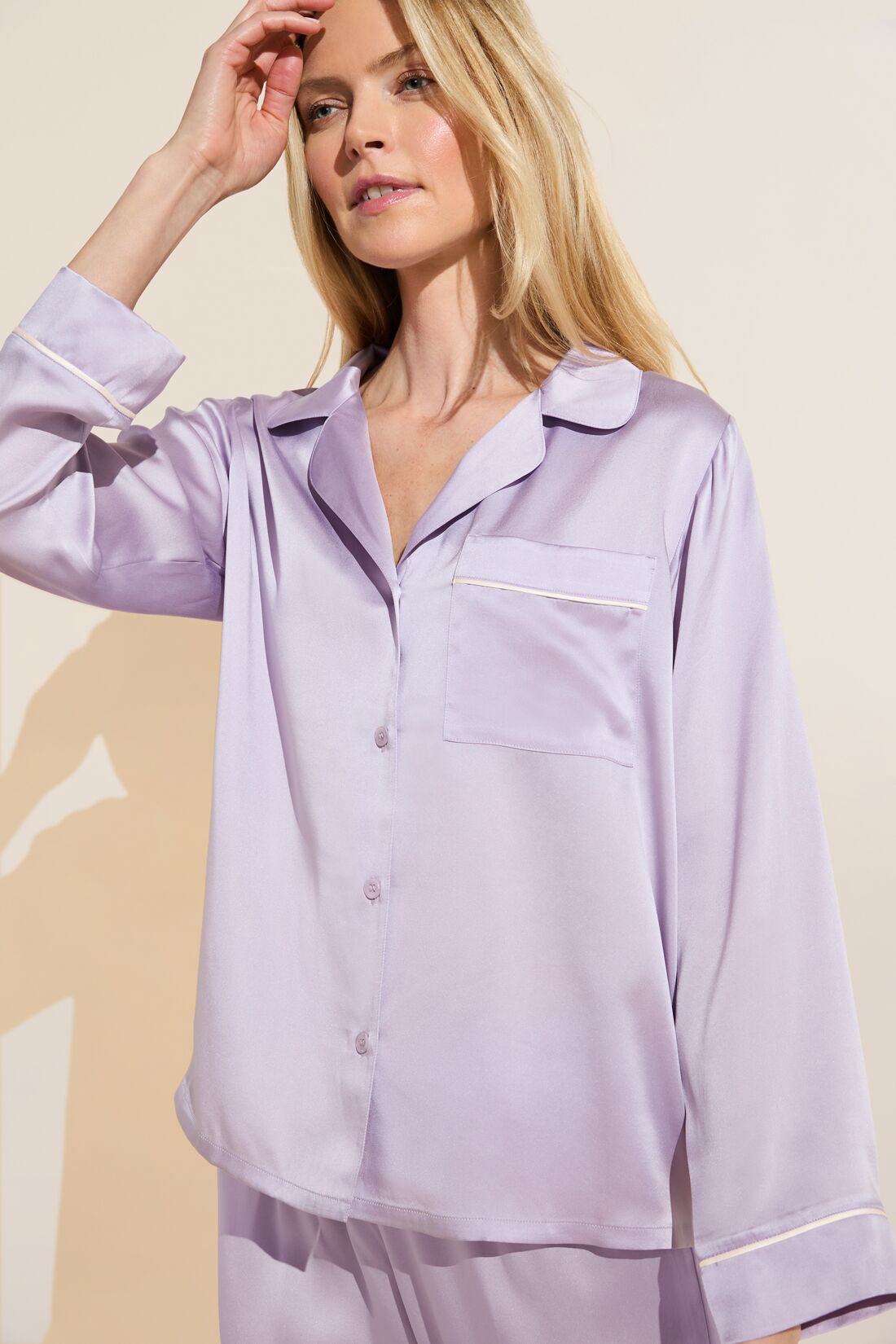 Model wears Inez Washable Silk Long PJ Set in Orchid Petal/Ivory.