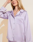 Model wears Inez Washable Silk Long PJ Set in Orchid Petal/Ivory.