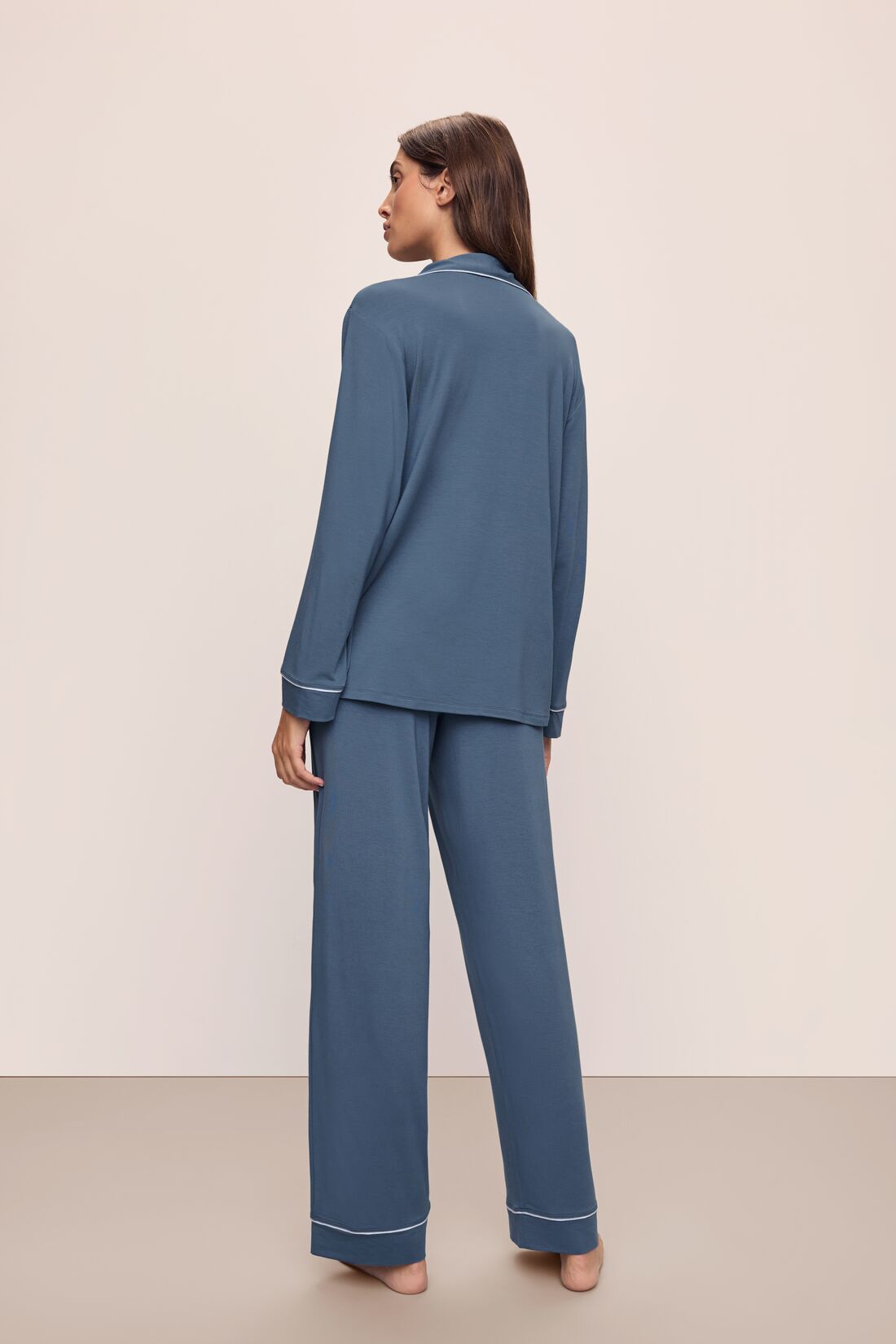 Model wears the Gisele TENCEL™ Modal Long PJ Set in Coastal Blue/Ice Blue.