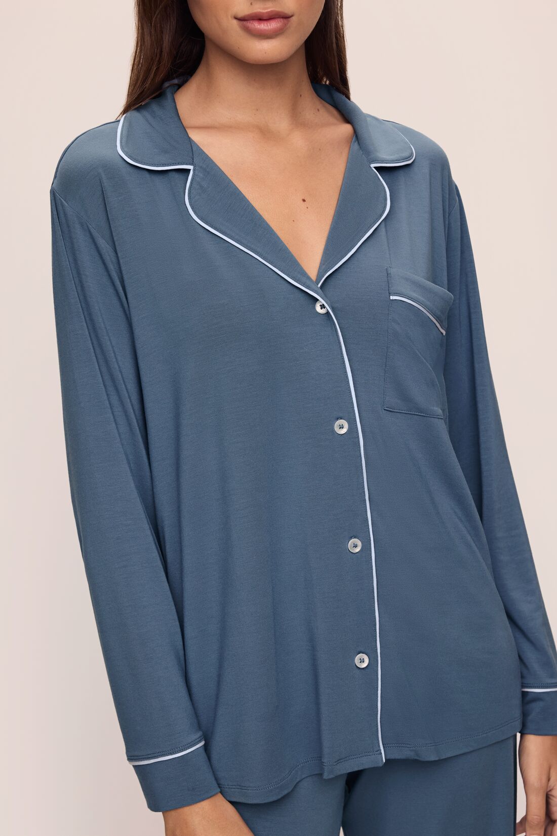 Model wears the Gisele TENCEL™ Modal Long PJ Set in Coastal Blue/Ice Blue.