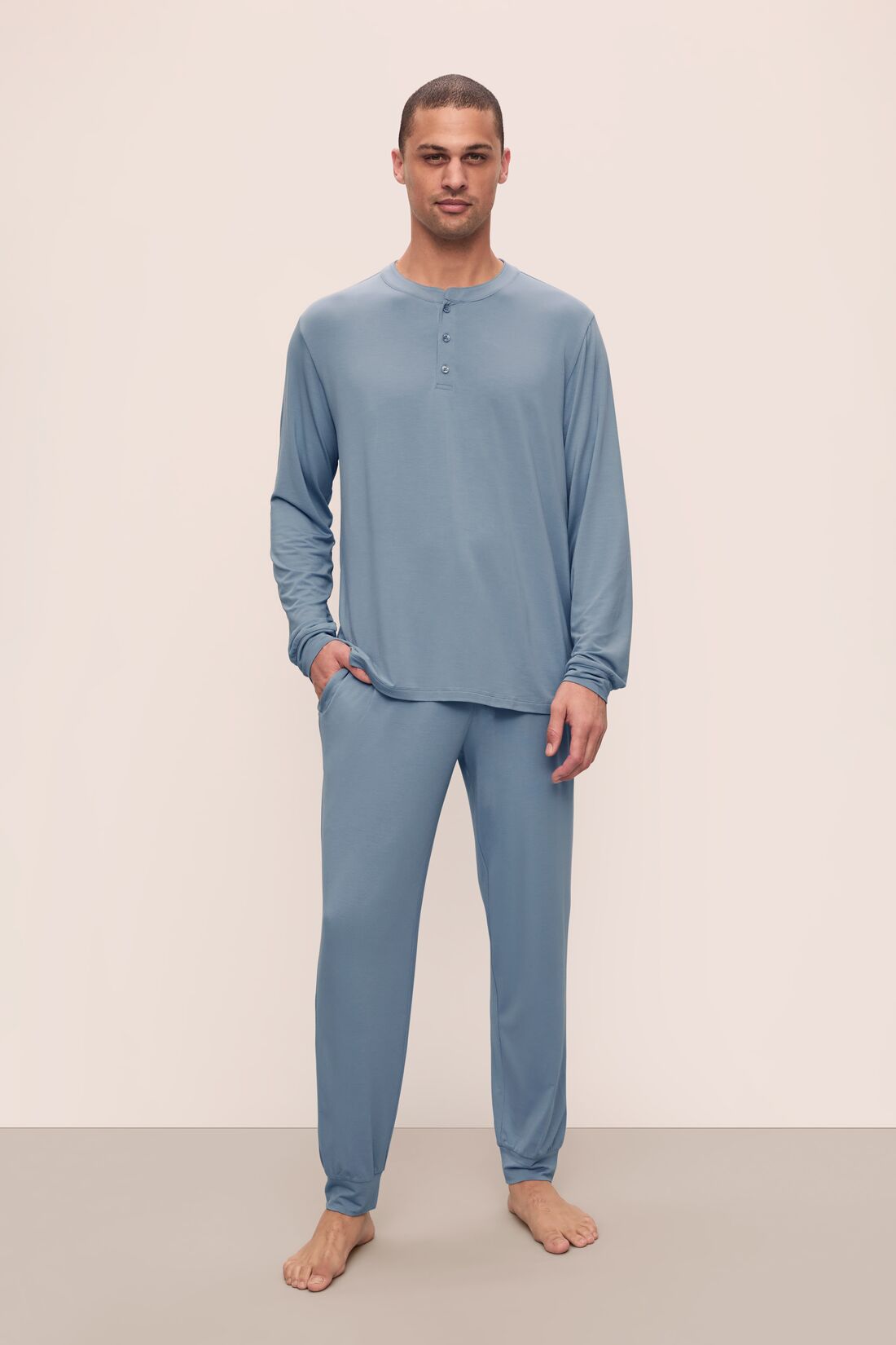 Model is wearing Henry TENCEL™ Modal Long PJ Set in Faded Denim