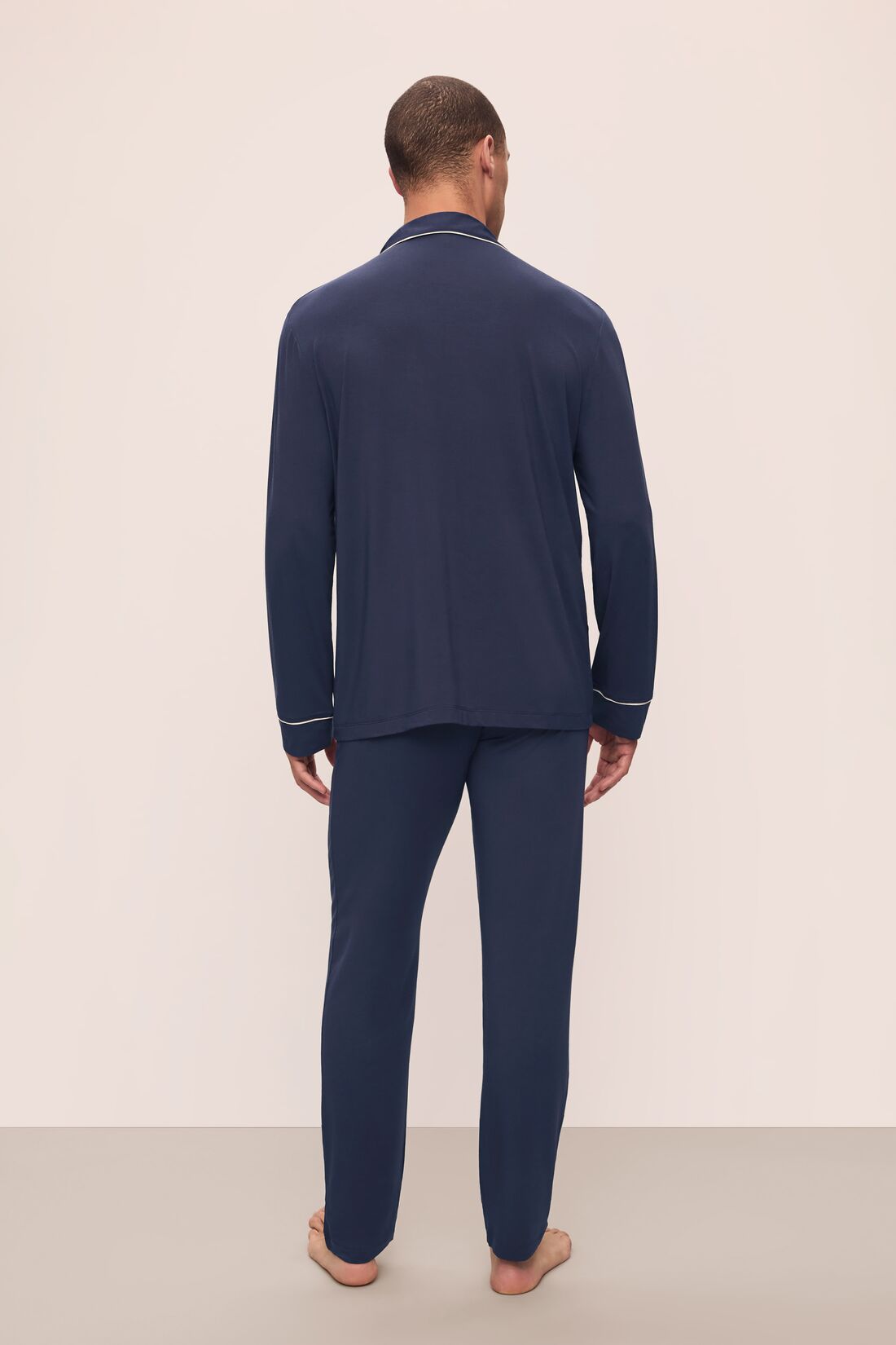 Model is wearing William TENCEL™ Modal Long PJ Set in True Navy/Ivory