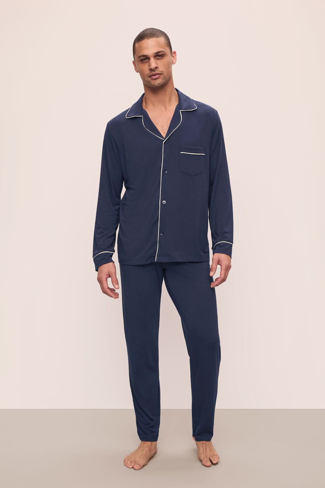 Model is wearing William TENCEL™ Modal Long PJ Set in True Navy/Ivory