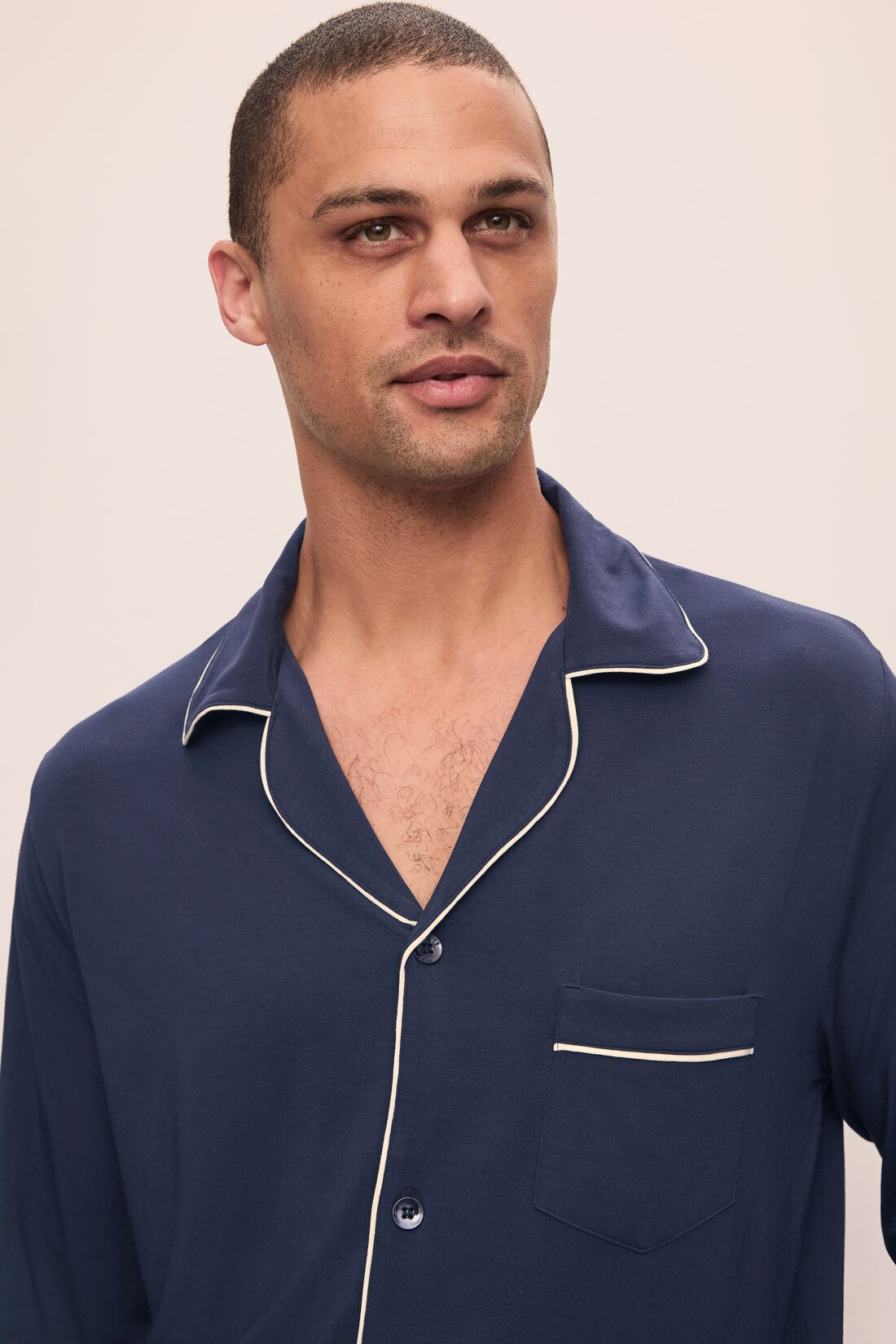 Model is wearing William TENCEL™ Modal Long PJ Set in True Navy/Ivory