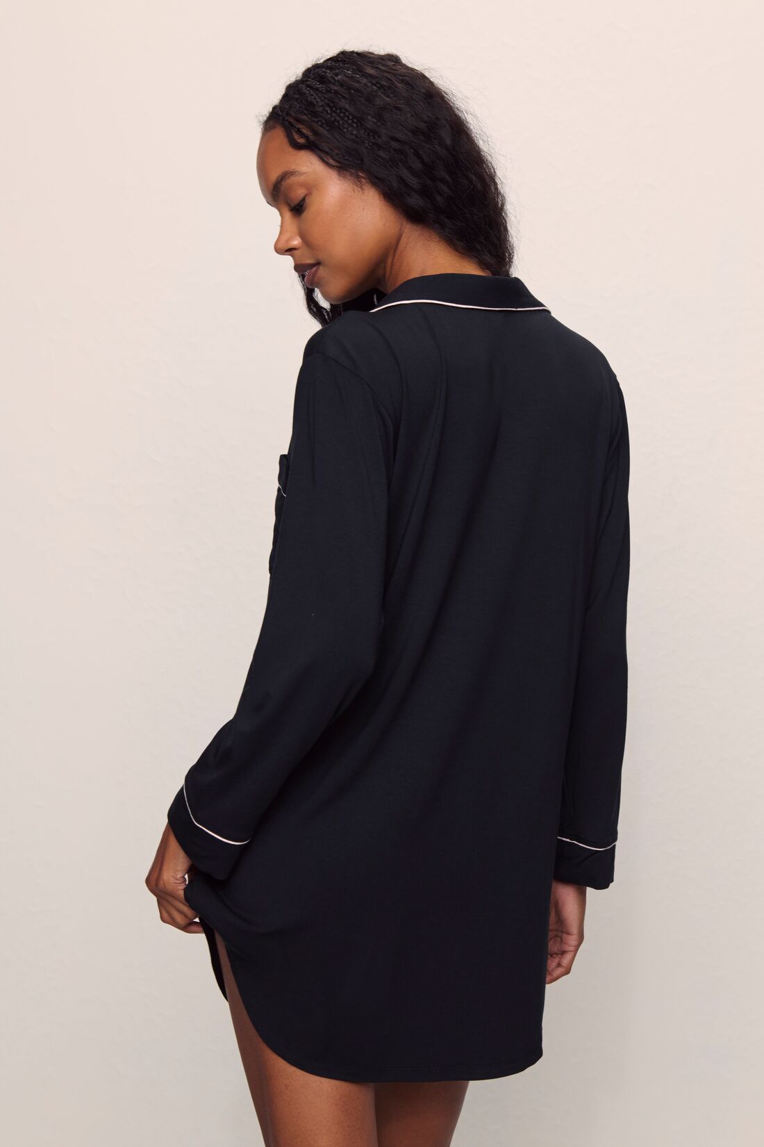 Model wears Gisele TENCEL™ Modal Sleepshirt in Black/Sorbet Pink