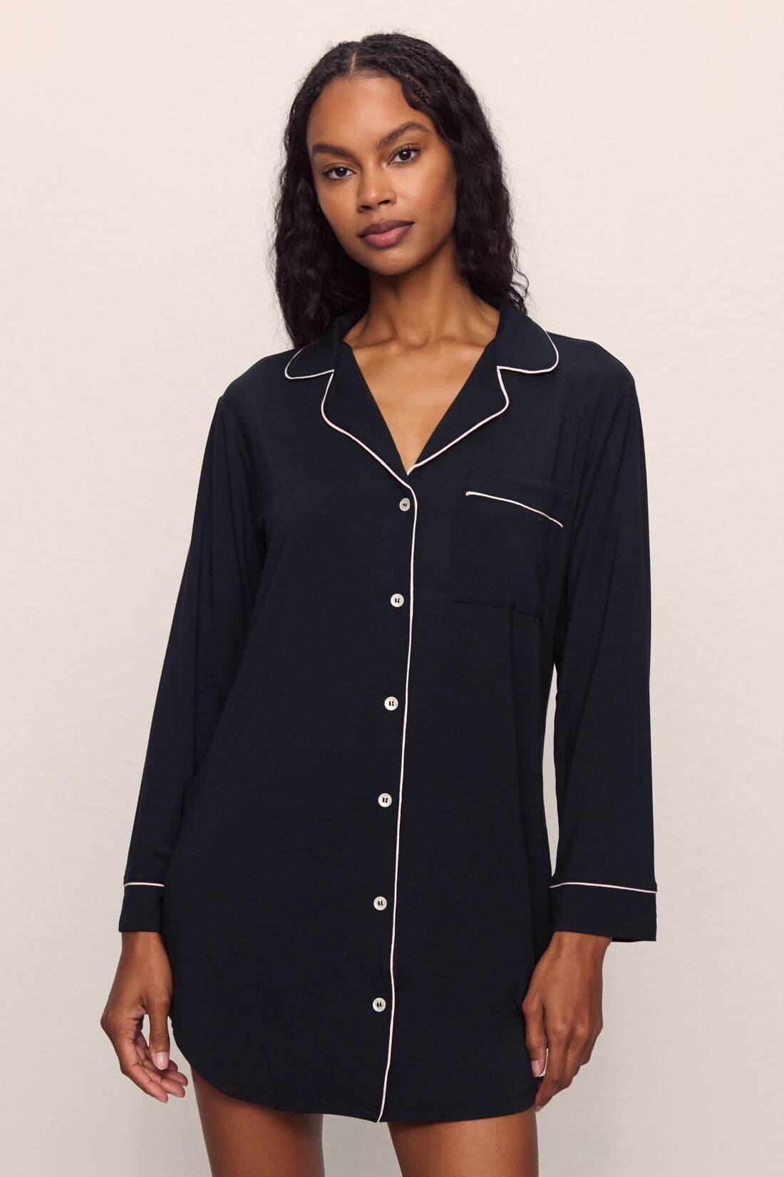 Model wears Gisele TENCEL™ Modal Sleepshirt in Black/Sorbet Pink