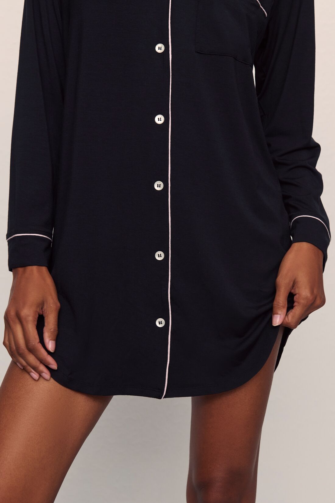 Model wears Gisele TENCEL™ Modal Sleepshirt in Black/Sorbet Pink