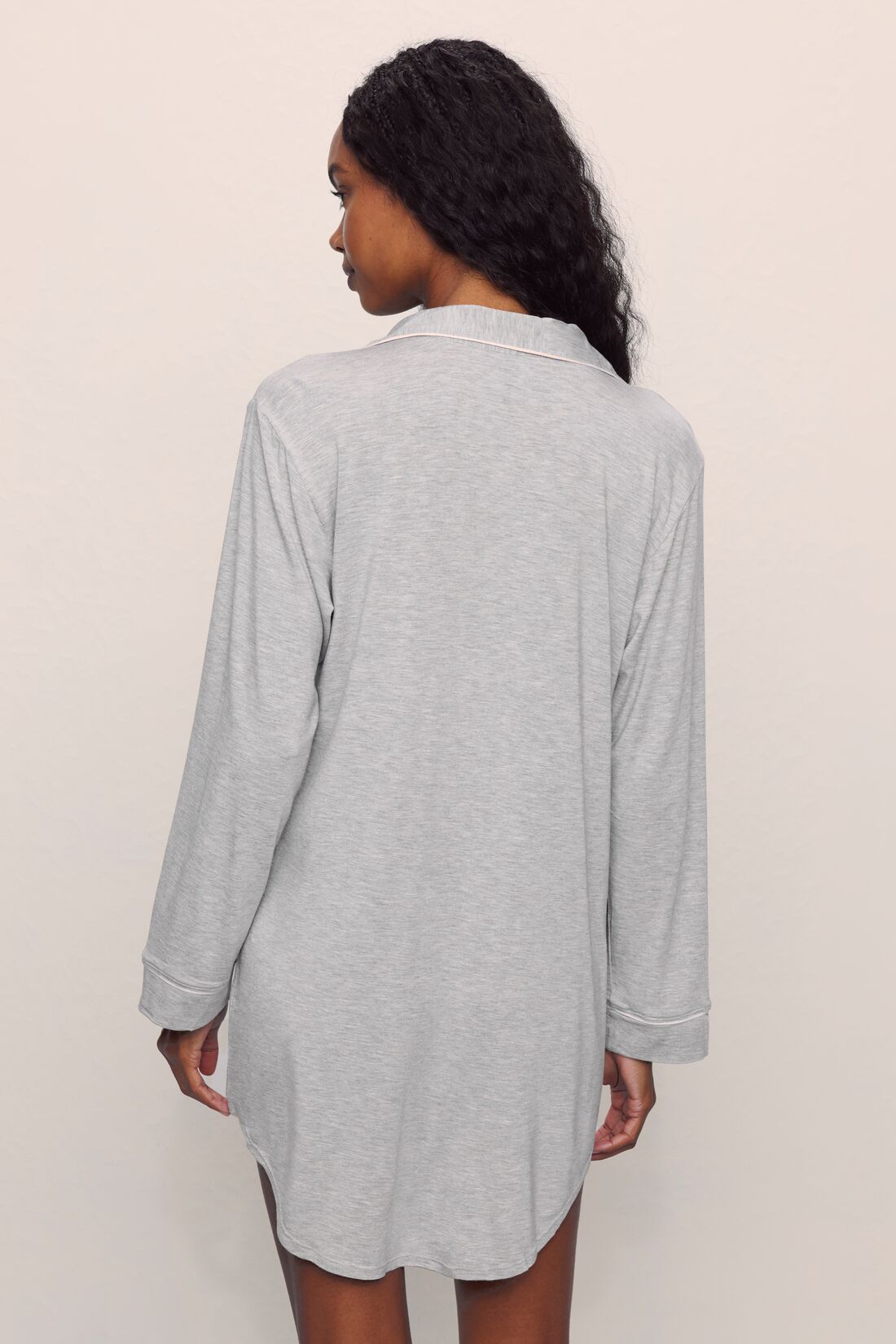 Model wears Gisele TENCEL™ Modal Sleepshirt in Heather Grey/Sorbet Pink