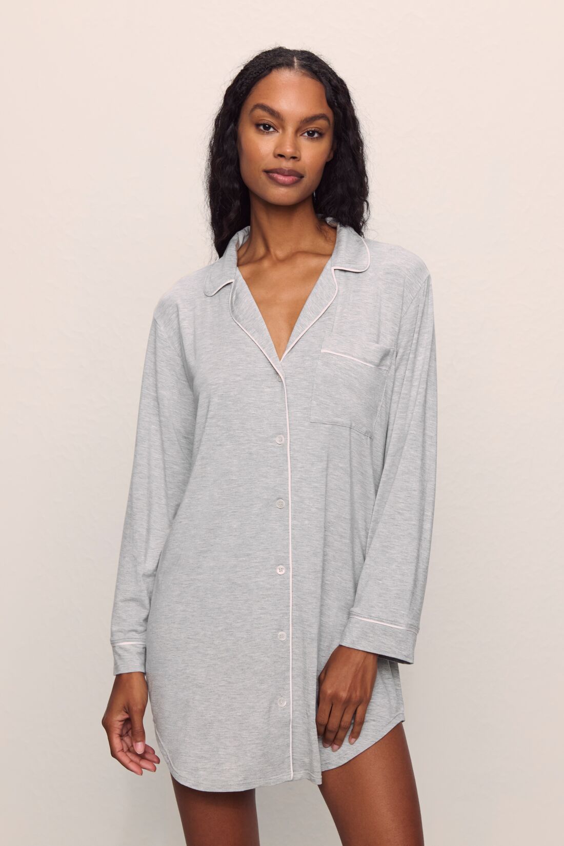 Model wears Gisele TENCEL™ Modal Sleepshirt in Heather Grey/Sorbet Pink