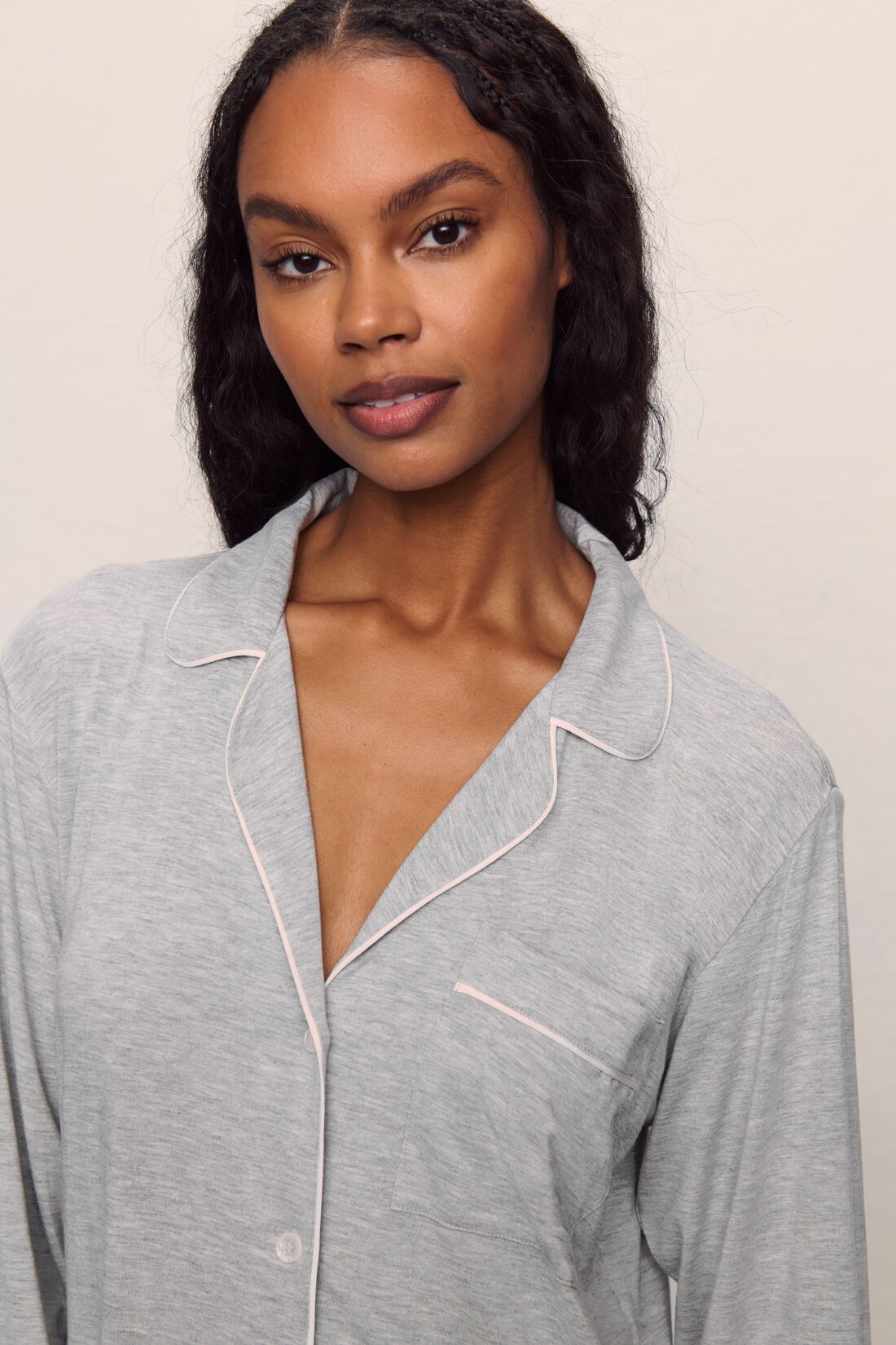 Model wears Gisele TENCEL™ Modal Sleepshirt in Heather Grey/Sorbet Pink