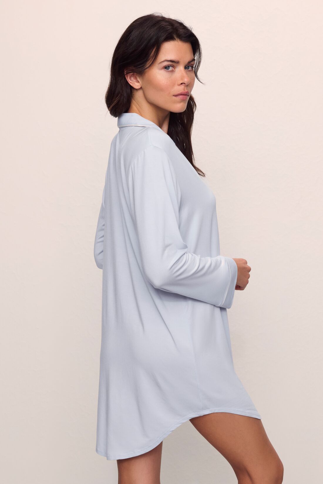 Model wears Gisele TENCEL™ Modal Sleepshirt in Ice Blue/Ivory