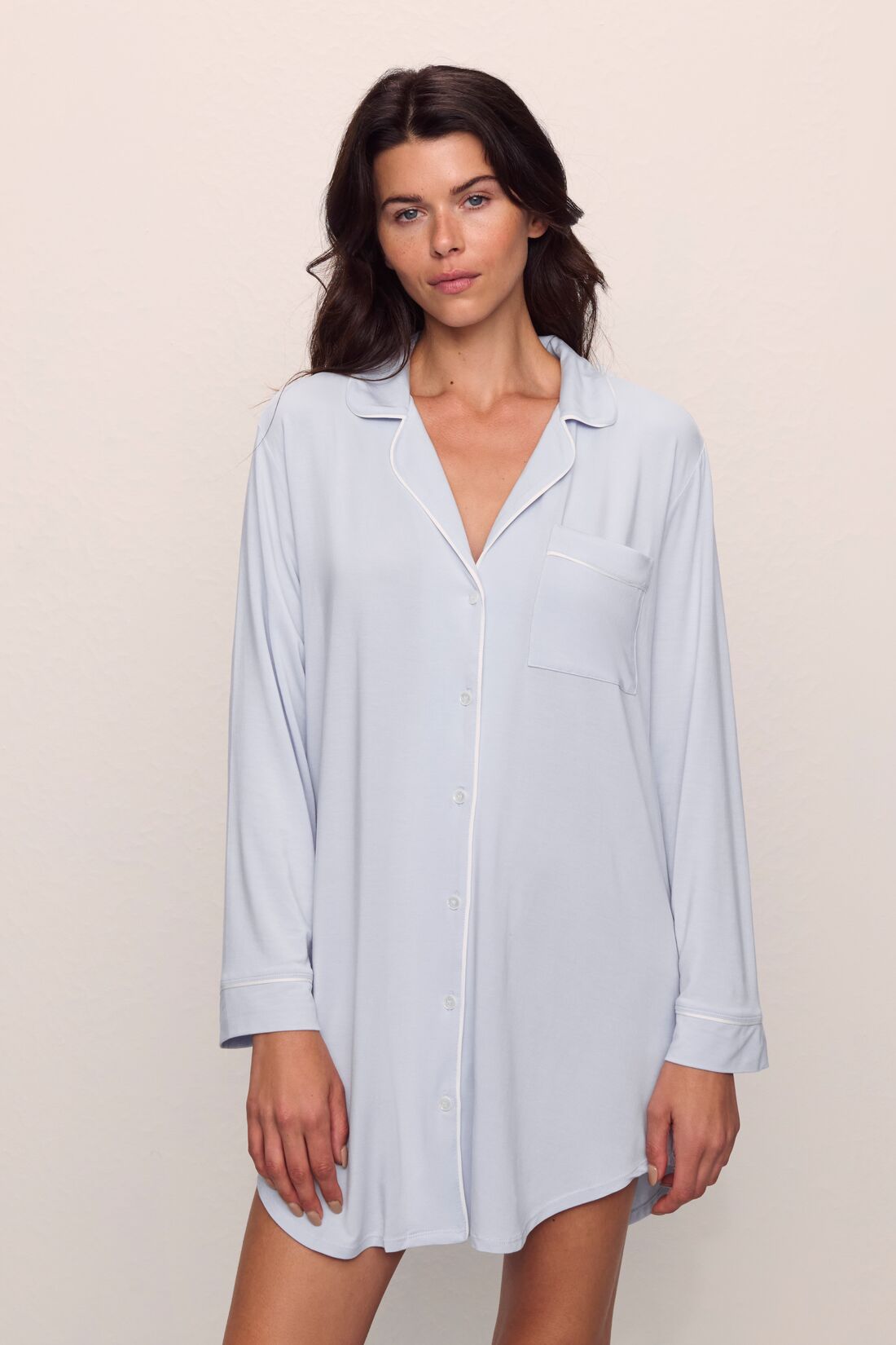Model wears Gisele TENCEL™ Modal Sleepshirt in Ice Blue/Ivory
