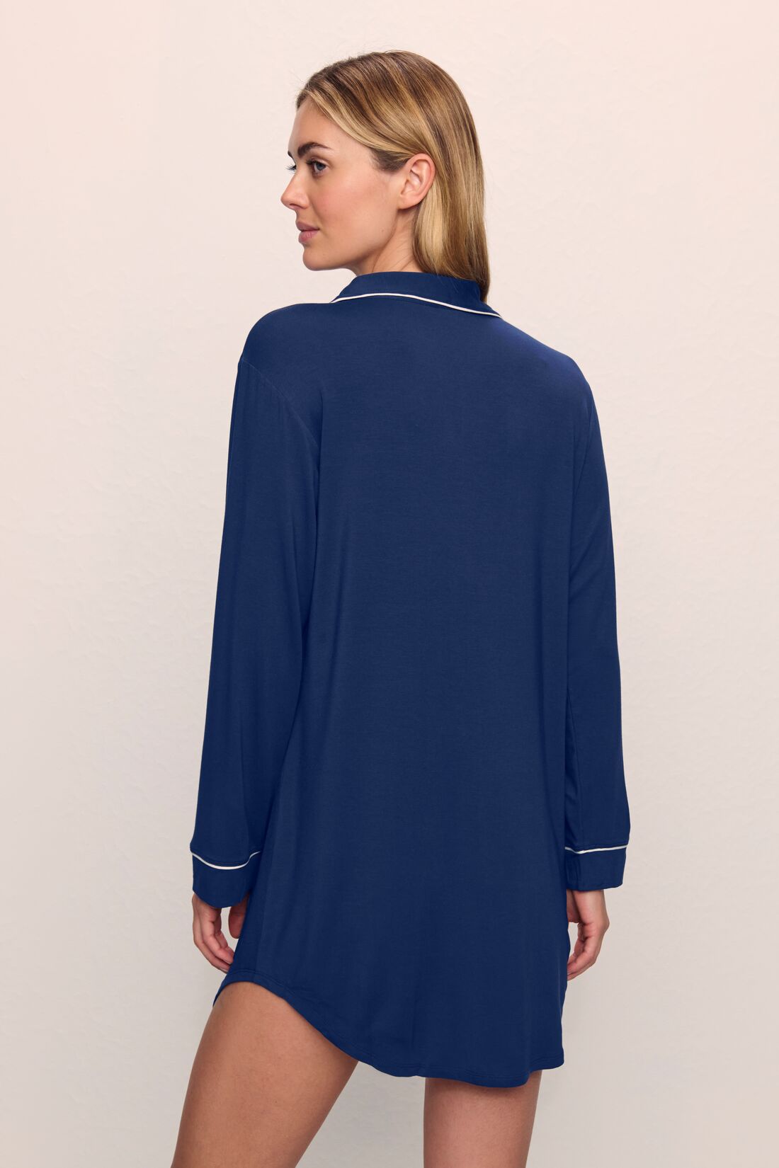 Model wears Gisele TENCEL™ Modal Sleepshirt in Navy/Ivory