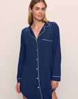 Model wears Gisele TENCEL™ Modal Sleepshirt in Navy/Ivory