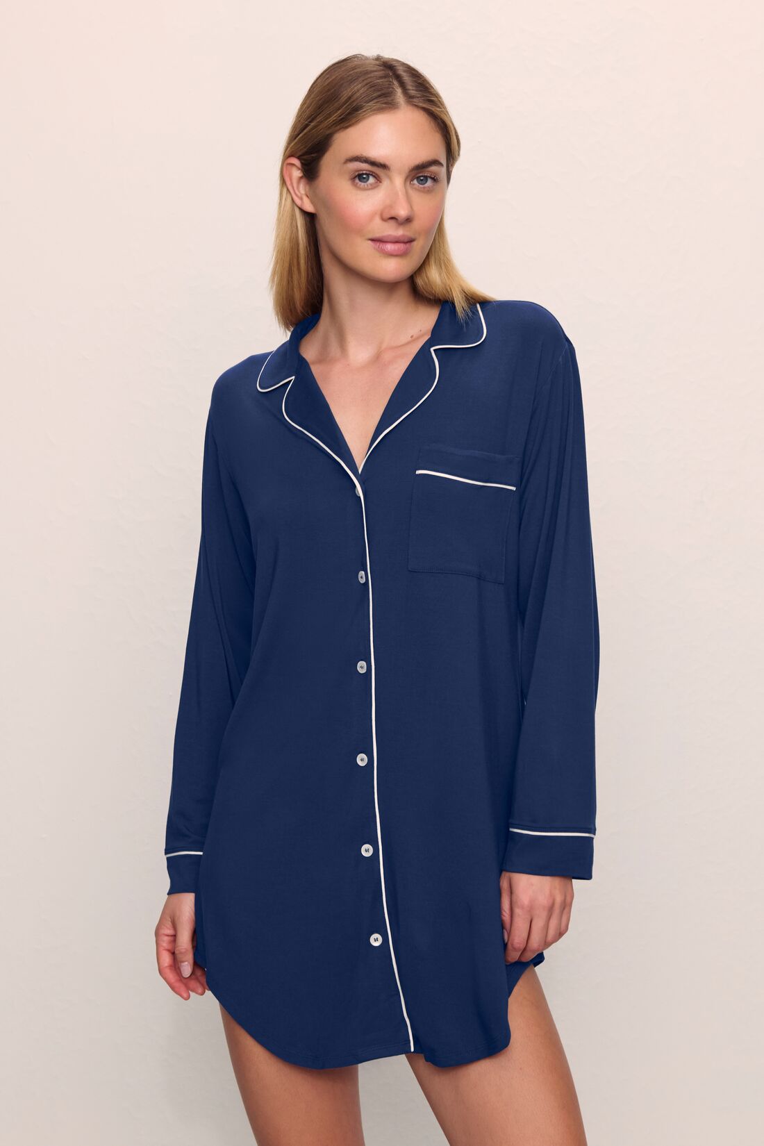 Model wears Gisele TENCEL™ Modal Sleepshirt in Navy/Ivory