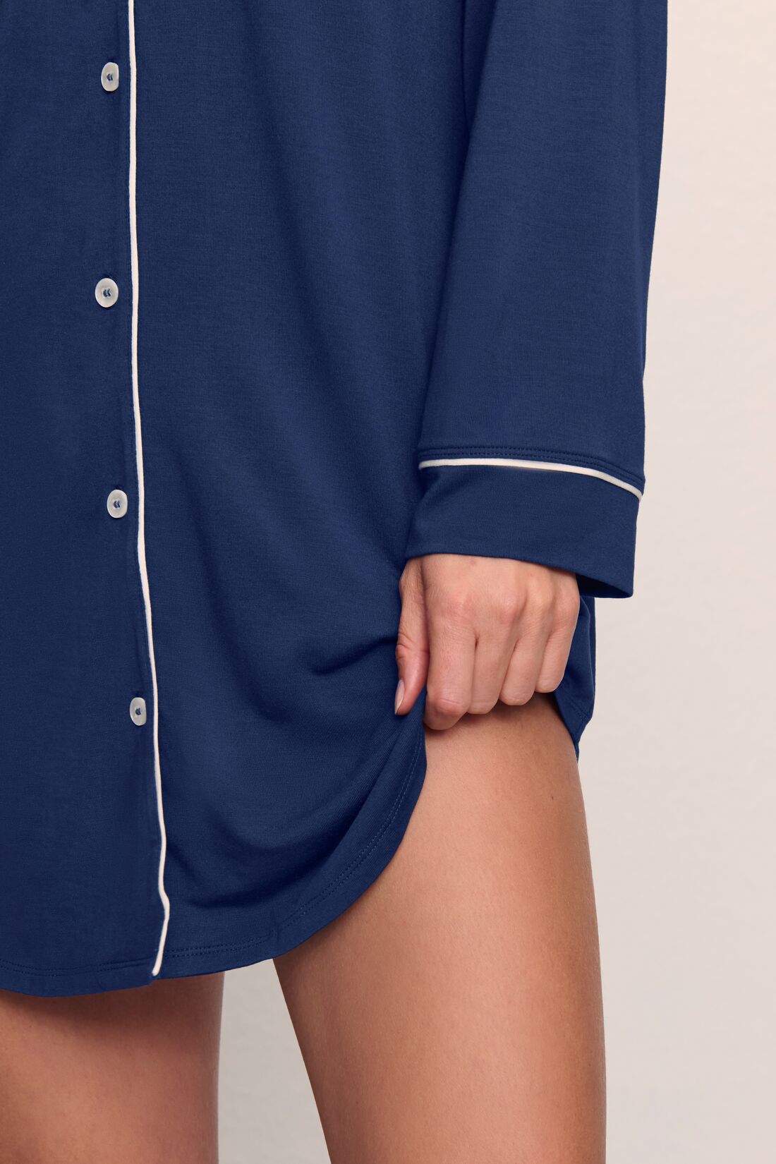 Model wears Gisele TENCEL™ Modal Sleepshirt in Navy/Ivory