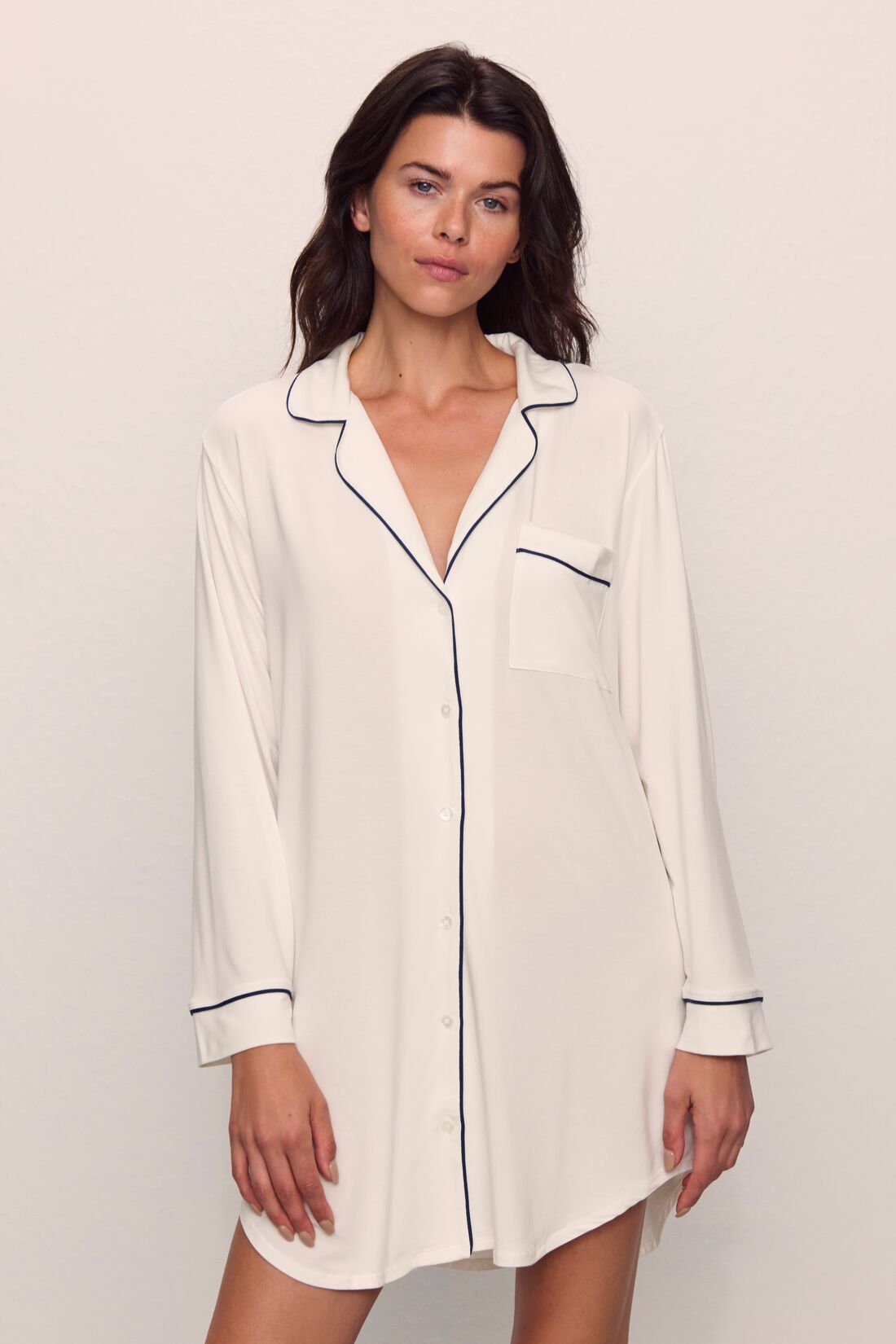 Model wears Gisele TENCEL™ Modal Sleepshirt in Pure Ivory/Navy