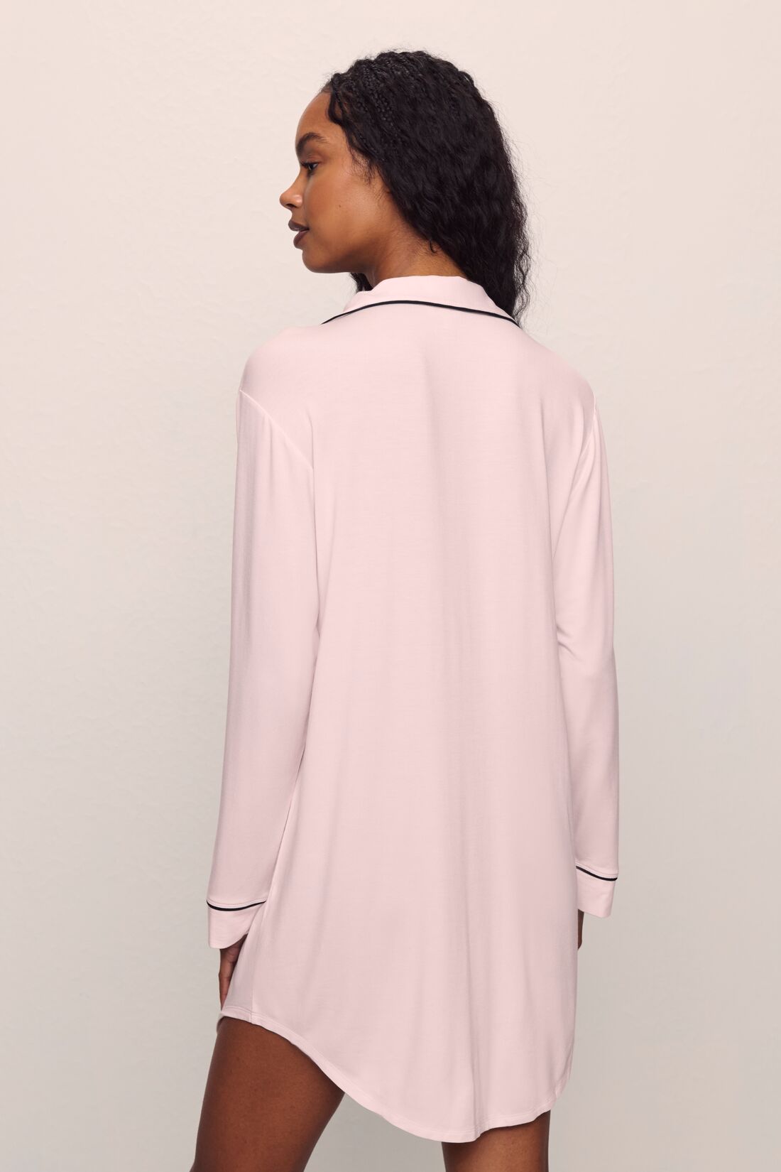 Model wears Gisele TENCEL™ Modal Sleepshirt in Sorbet Pink/Black
