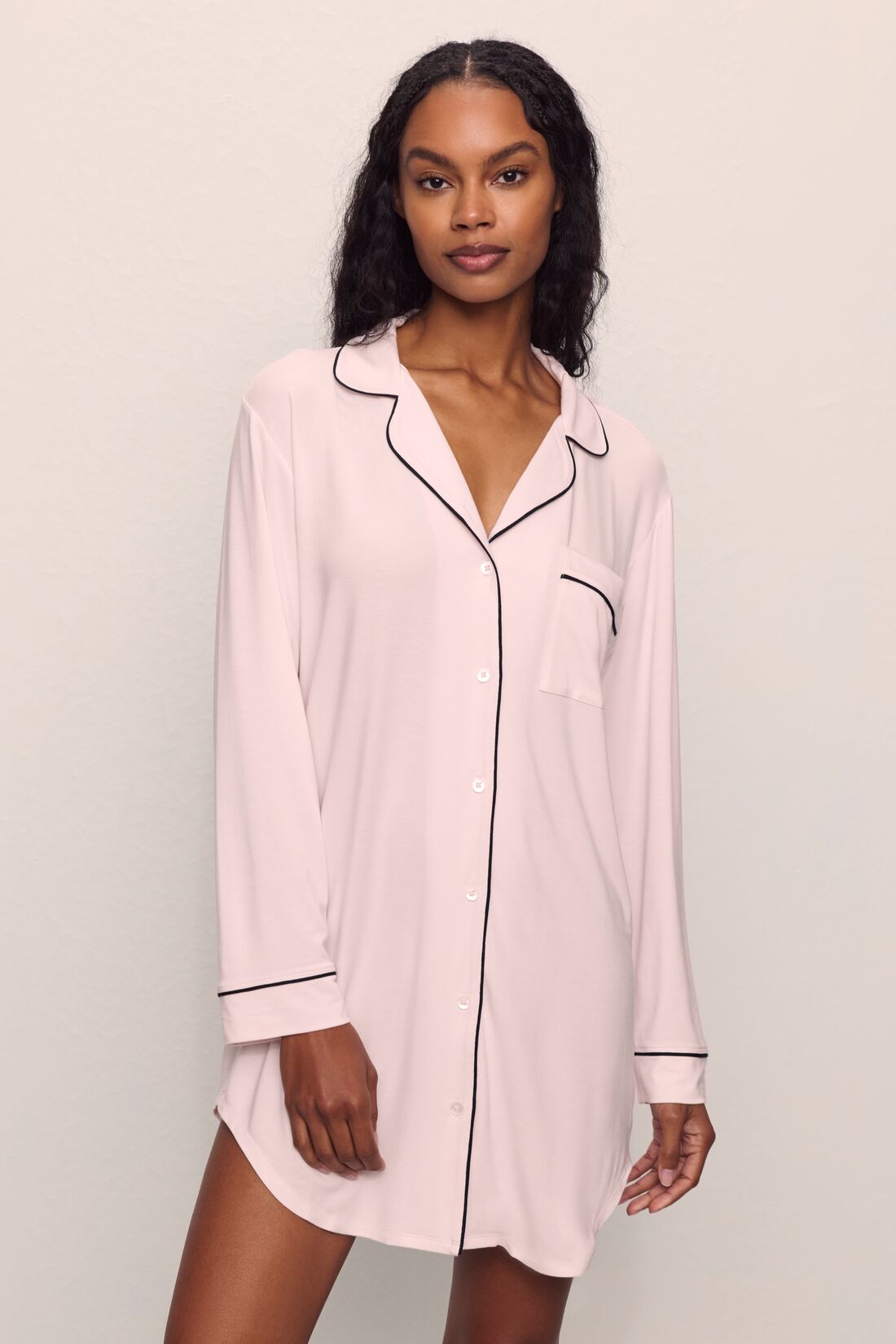 Model wears Gisele TENCEL™ Modal Sleepshirt in Sorbet Pink/Black