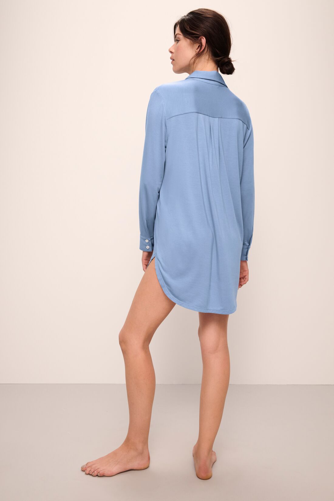 Model wears Gisele TENCEL™ Modal Boyfriend Sleepshirt in wedgewood blue.