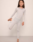 Model wears Kids Printed TENCEL™ Modal Unisex Long PJ Set in Petite Batik Ivory/Denim Blue.