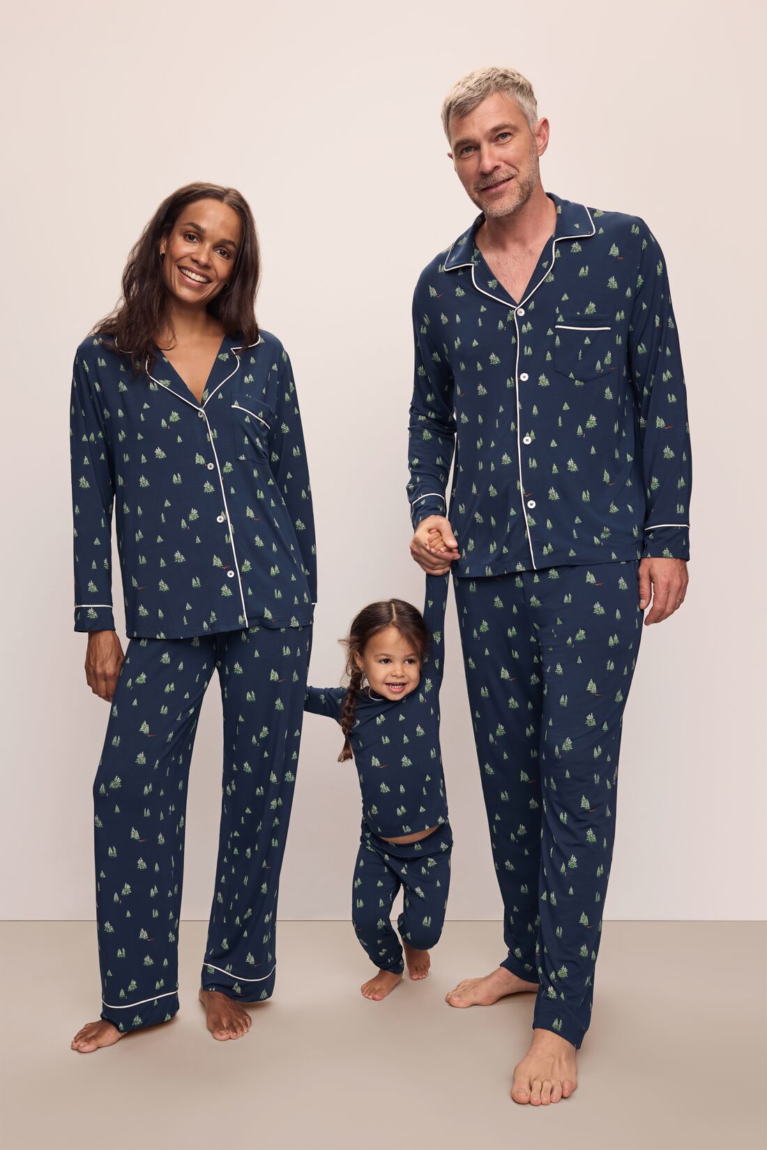Model wears William Printed TENCEL™ Modal Long PJ Set in Woodland Pine Navy/Ivory.