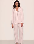 Model is wearing Gisele TENCEL™ Modal Long PJ Set in Sorbet Pink/Black