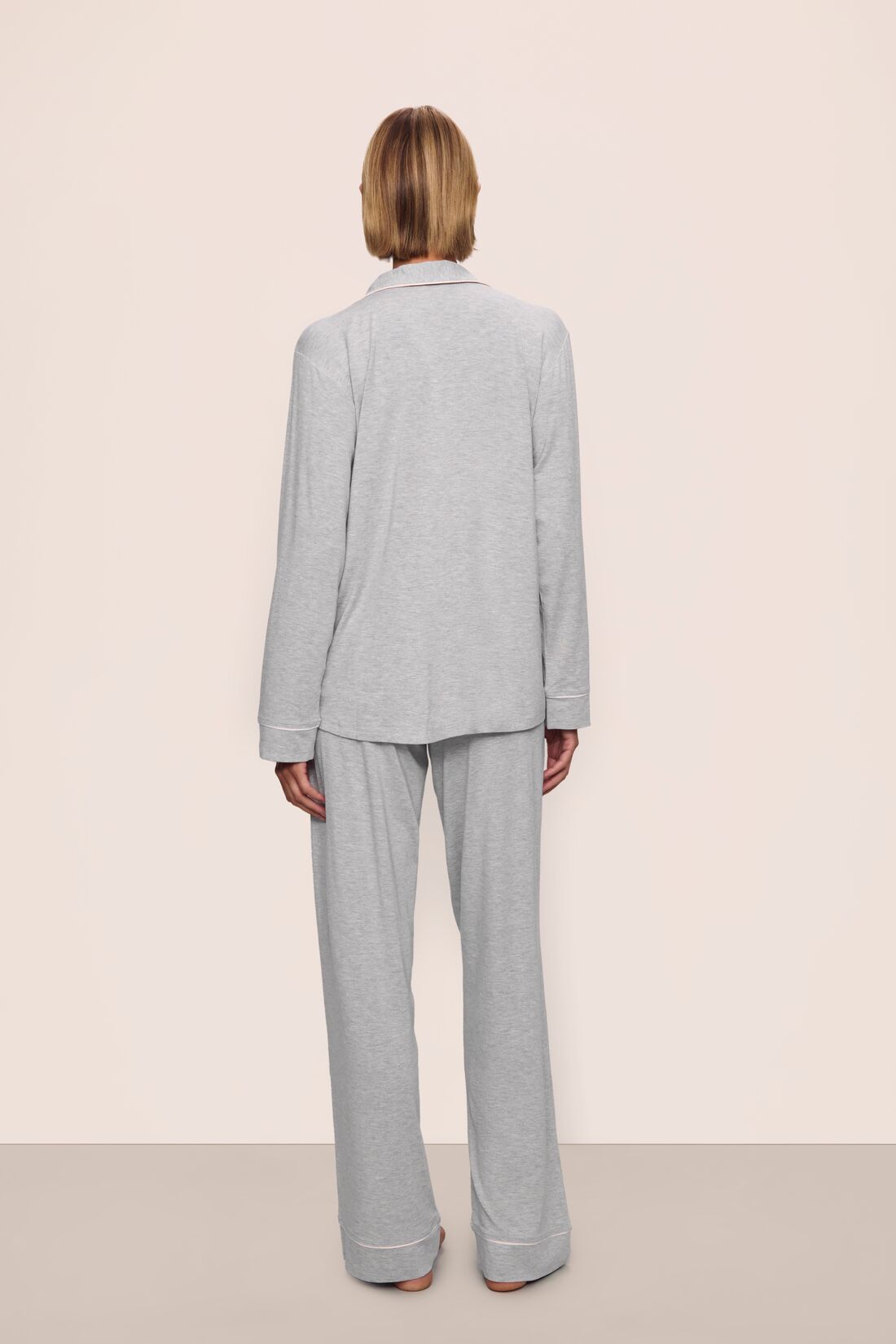 Model is wearing Gisele TENCEL™ Modal Long PJ Set in Heather Grey/Sorbet Pink