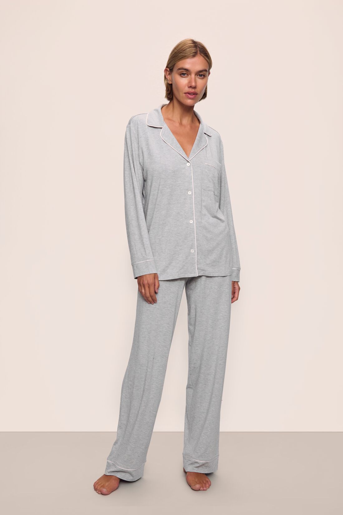Model is wearing Gisele TENCEL™ Modal Long PJ Set in Heather Grey/Sorbet Pink