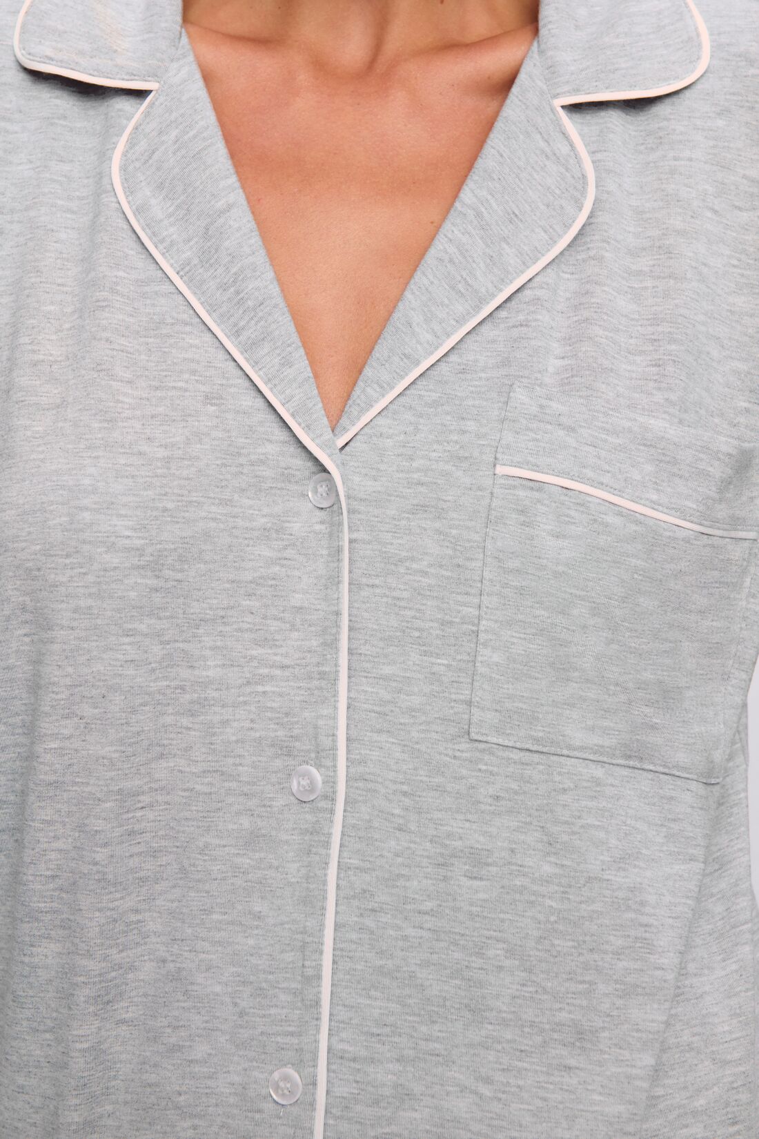 Model is wearing Gisele TENCEL™ Modal Long PJ Set in Heather Grey/Sorbet Pink