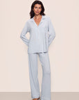 Model is wearing Gisele TENCEL™ Modal Long PJ Set in Ice Blue/Ivory