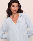 Model is wearing Gisele TENCEL™ Modal Long PJ Set in Ice Blue/Ivory