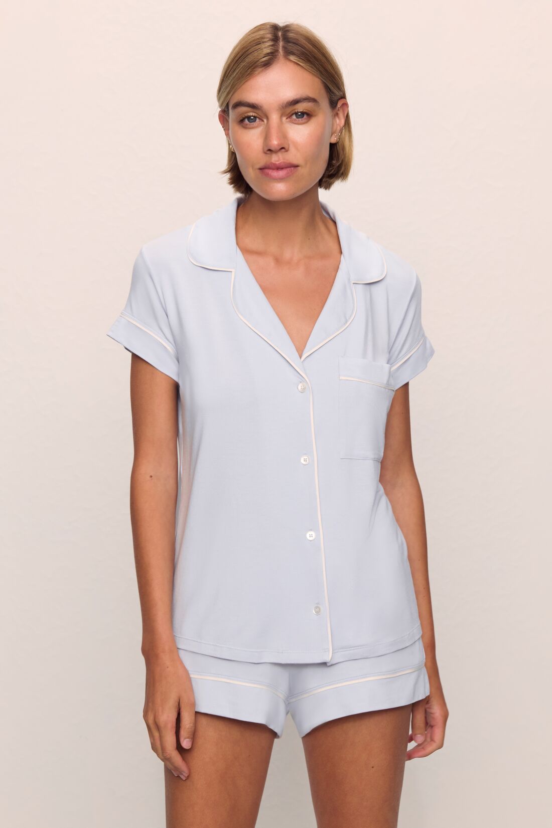 Model is wearing Gisele TENCEL™ Modal Shortie Short PJ Set in Ice Blue/Ivory