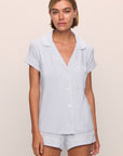 Model is wearing Gisele TENCEL™ Modal Shortie Short PJ Set in Ice Blue/Ivory