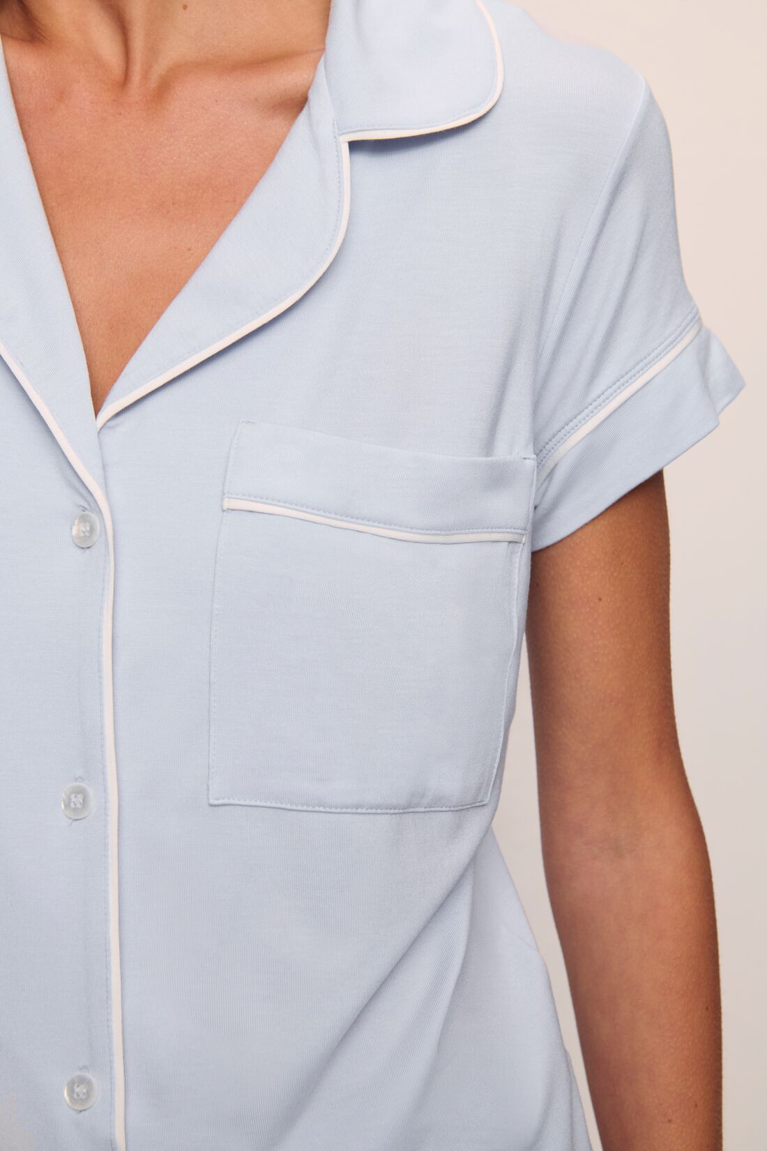 Model is wearing Gisele TENCEL™ Modal Shortie Short PJ Set in Ice Blue/Ivory