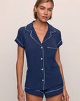Model is wearing Gisele TENCEL™ Modal Shortie Short PJ Set in Navy/Ivory