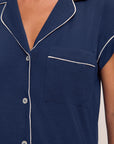 Model is wearing Gisele TENCEL™ Modal Shortie Short PJ Set in Navy/Ivory