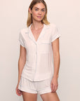 Model is wearing Gisele TENCEL™ Modal Shortie Short PJ Set in White/Ice blue