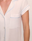 Model is wearing Gisele TENCEL™ Modal Shortie Short PJ Set in White/Ice Blue