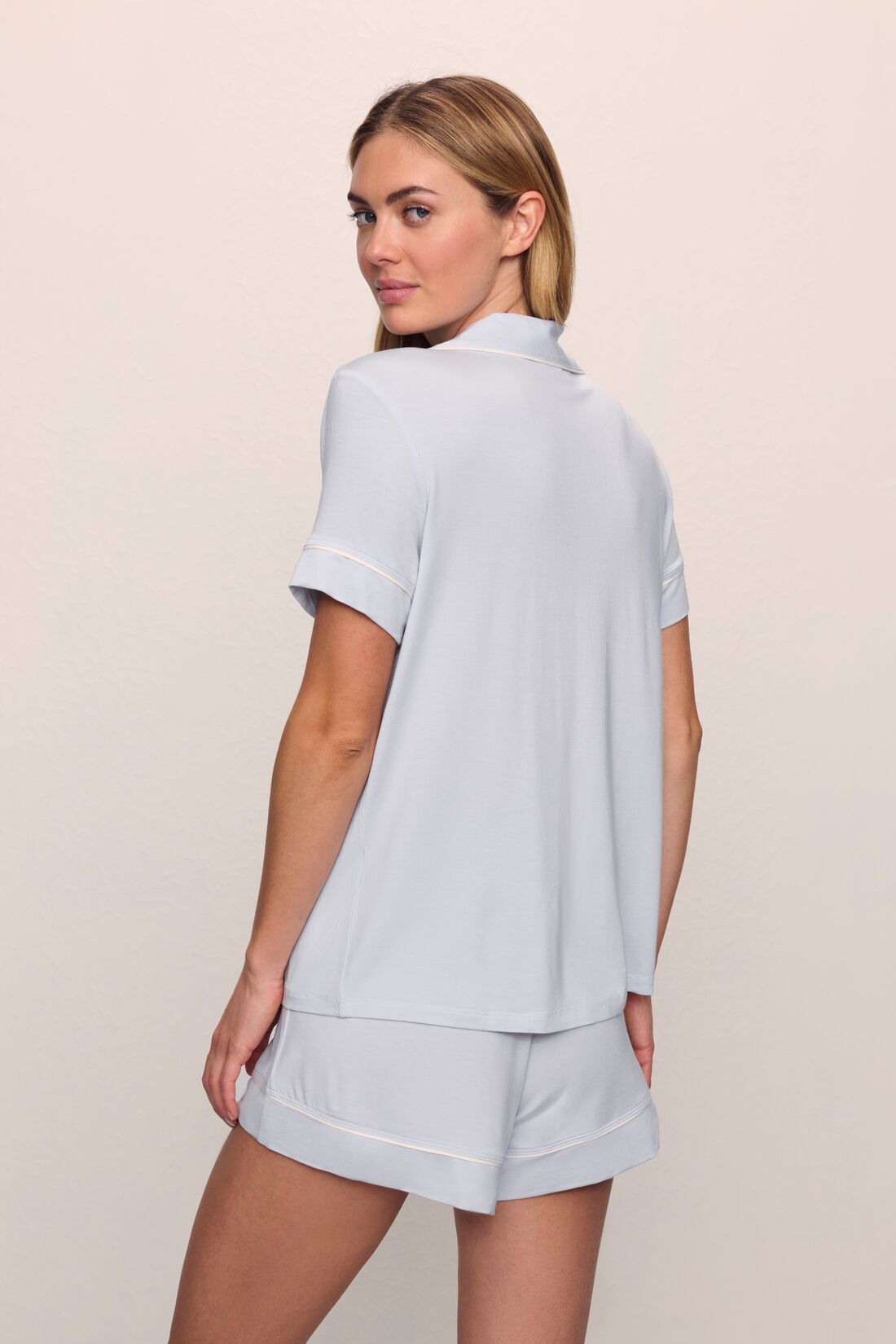Model is wearing Gisele TENCEL™ Modal Relaxed Short PJ Set in Ice Blue/Ivory