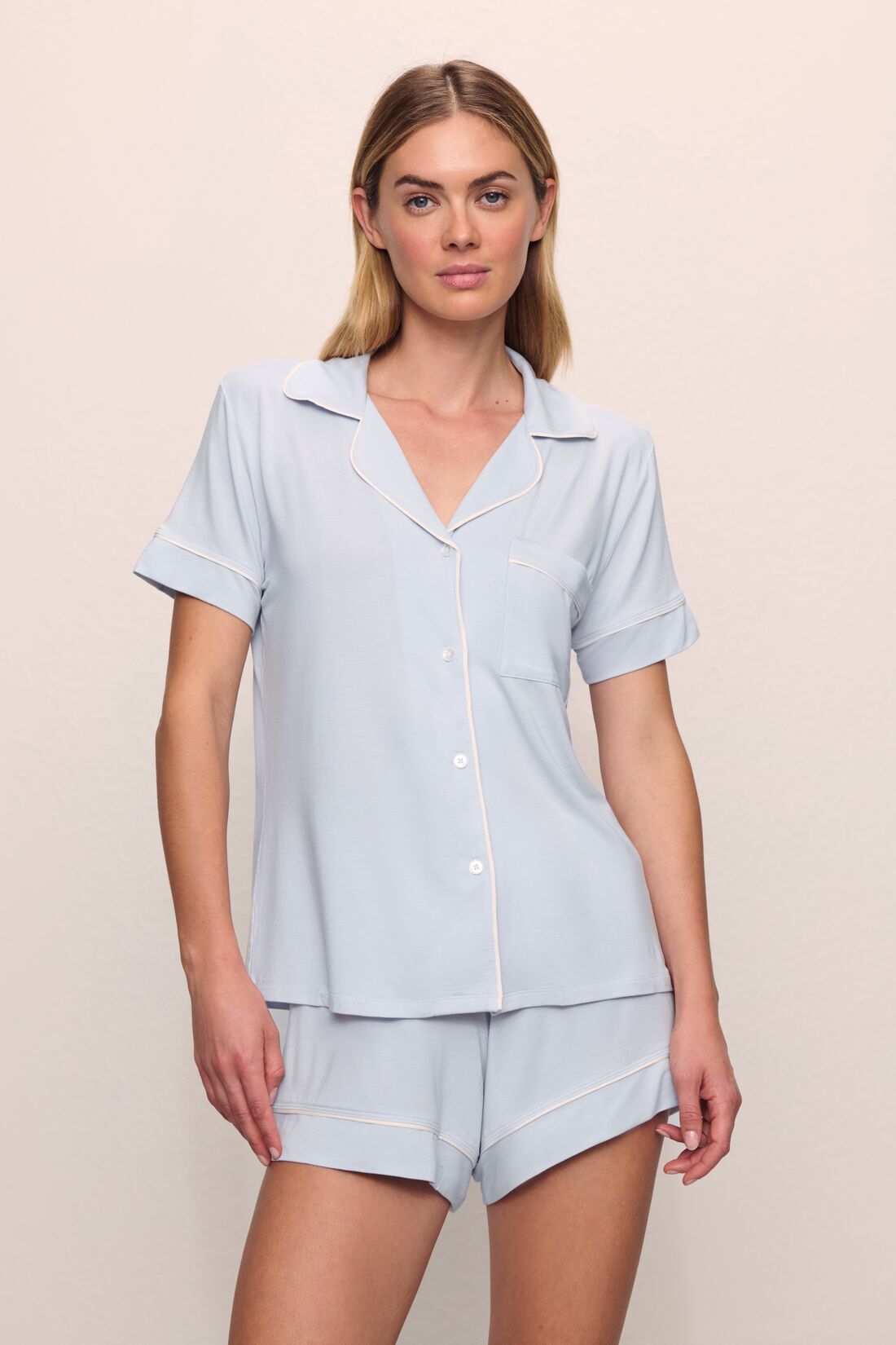 Model is wearing Gisele TENCEL™ Modal Relaxed Short PJ Set in Ice Blue/Ivory