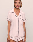 Model is wearing Gisele TENCEL™ Modal Relaxed Short PJ Set in Sorbet Pink/Black