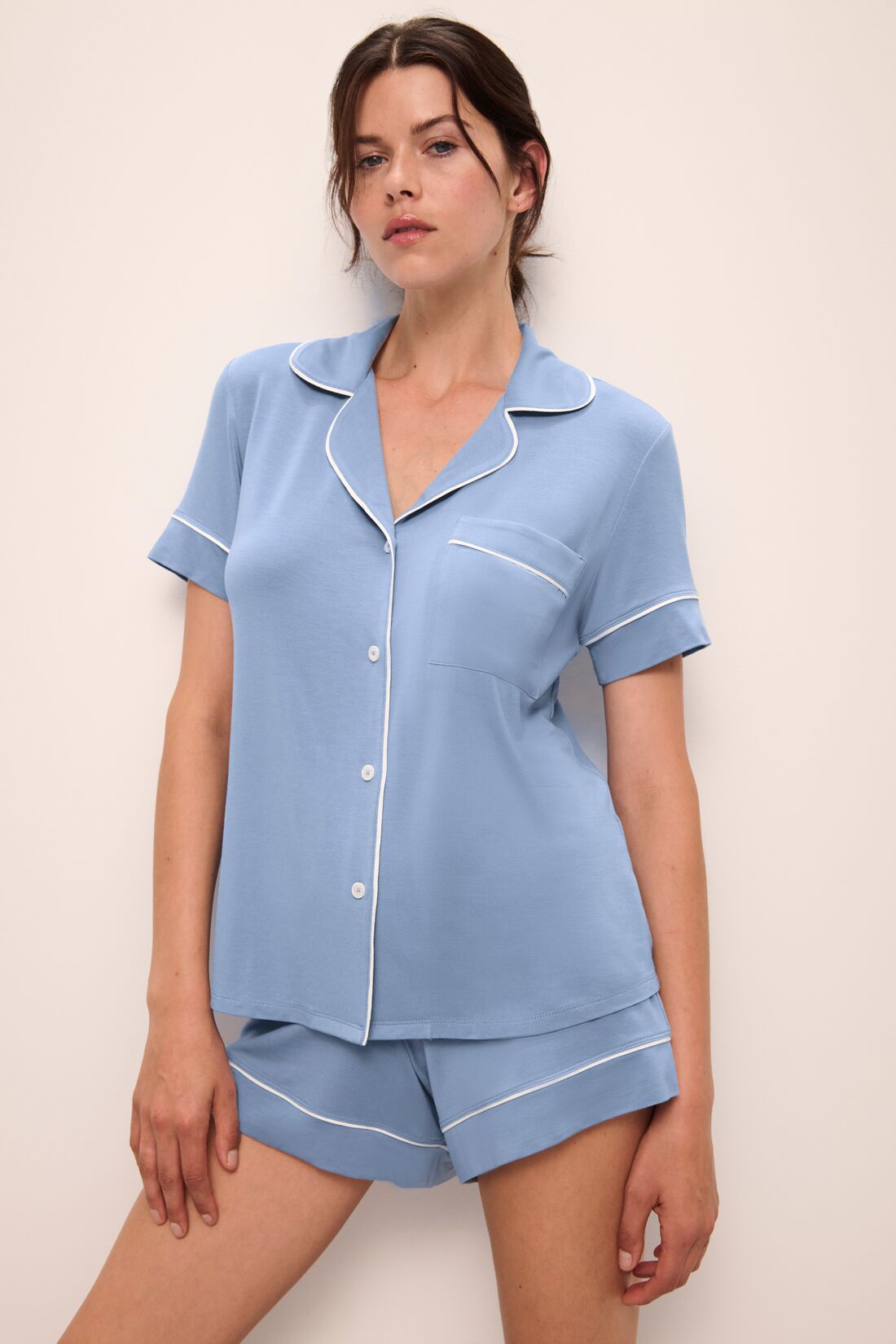 Model wears Gisele TENCEL™ Modal Relaxed Short PJ Set in wedgewood blue/ivory.