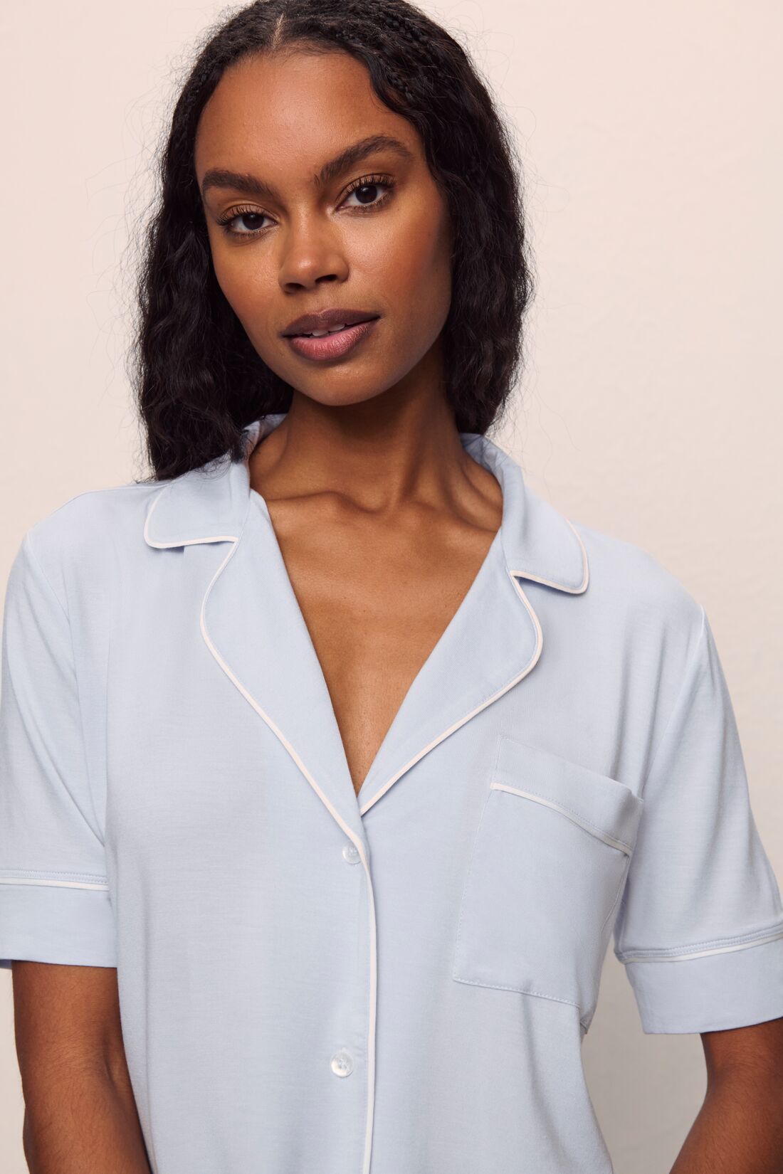 Model is wearing Gisele TENCEL™ Modal Short Sleeve & Pant PJ Set in Ice Blue/Ivory