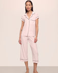 Model is wearing Gisele TENCEL™ Modal Short Sleeve Cropped PJ Set in Sorbet Pink/Black